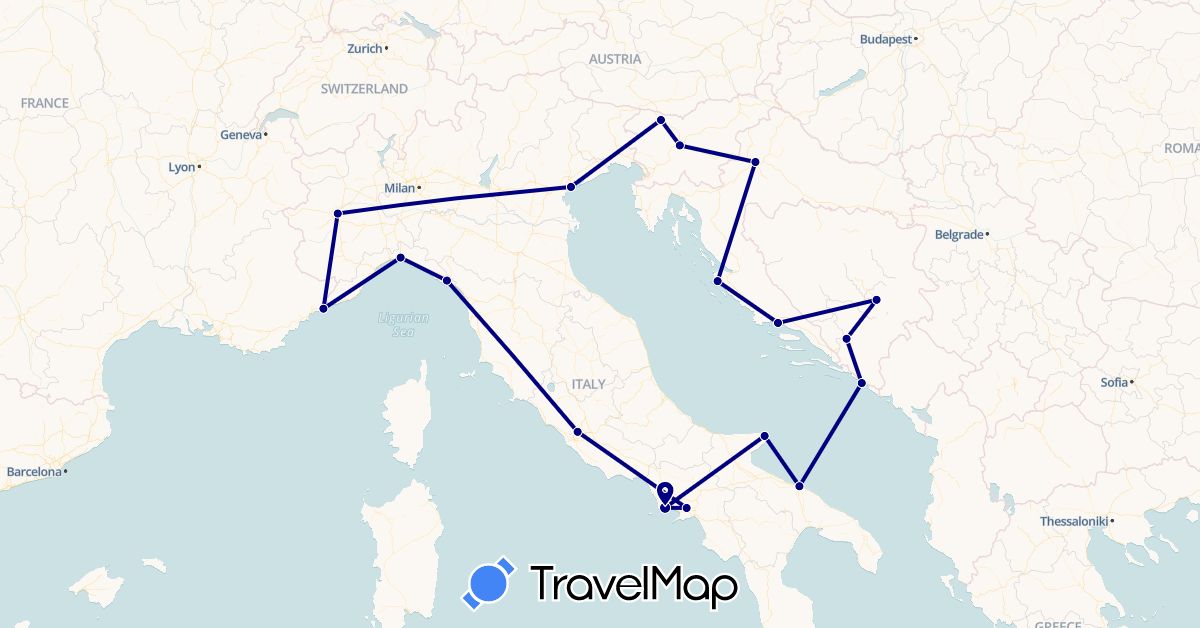 TravelMap itinerary: driving in Bosnia and Herzegovina, Croatia, Italy, Monaco, Slovenia (Europe)